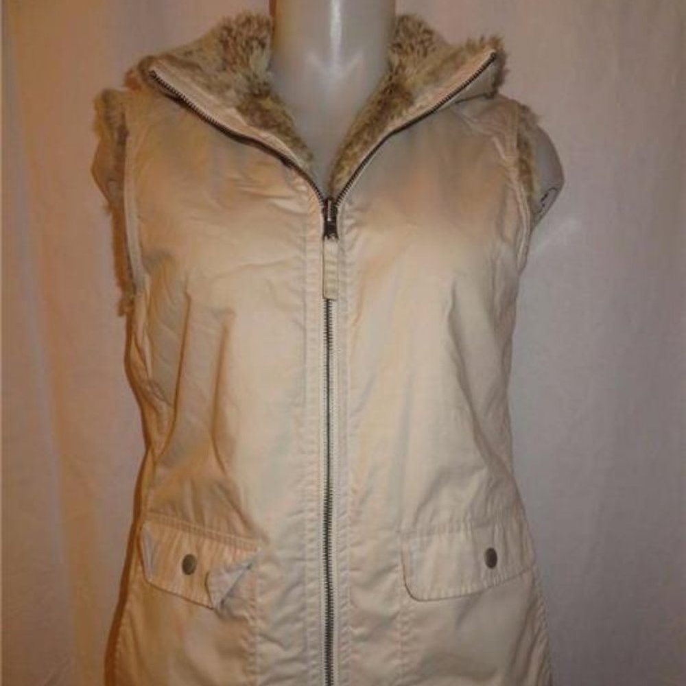 MACY'S BEIGE/GRAY FAUX FUR ZIP UP VEST - SZ M